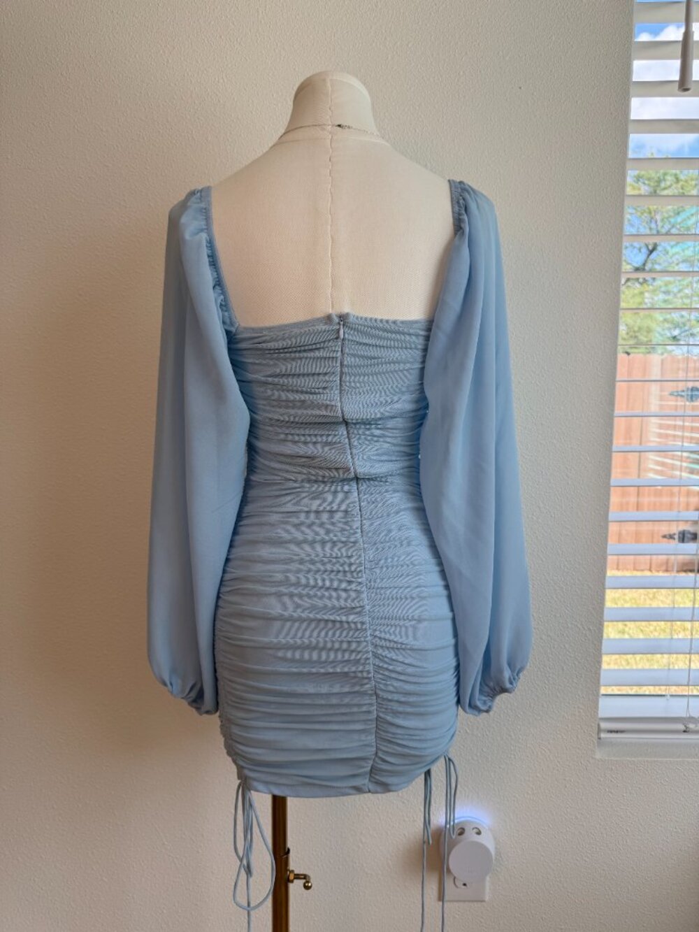 Hello Molly Baby Blue Ruched Mesh Mini Dress Puff Sleeve - Picture 7 of 10